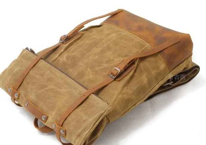 Cool Waxed Canvas Leather Mens Backpacks Canvas Travel Backpack Canvas School Backpack for Men