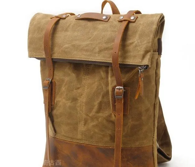 Cool Waxed Canvas Leather Mens Backpacks Canvas Travel Backpack Canvas School Backpack for Men