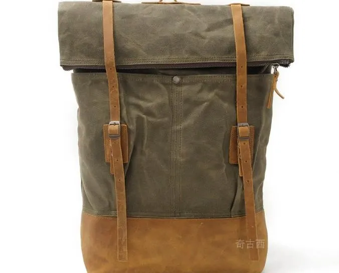 Cool Waxed Canvas Leather Mens Backpacks Canvas Travel Backpack Canvas School Backpack for Men