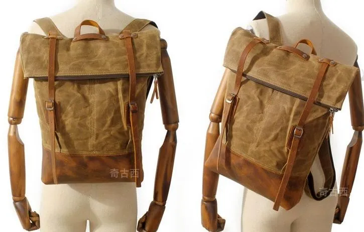 Cool Waxed Canvas Leather Mens Backpacks Canvas Travel Backpack Canvas School Backpack for Men