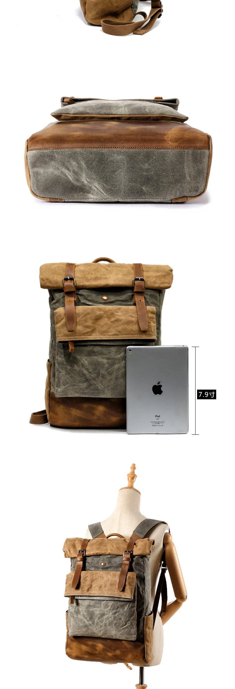 Cool Waxed Canvas Leather Mens Black 15'' Large Waterproof Travel Backpacks Computer Hiking Backpack for Men