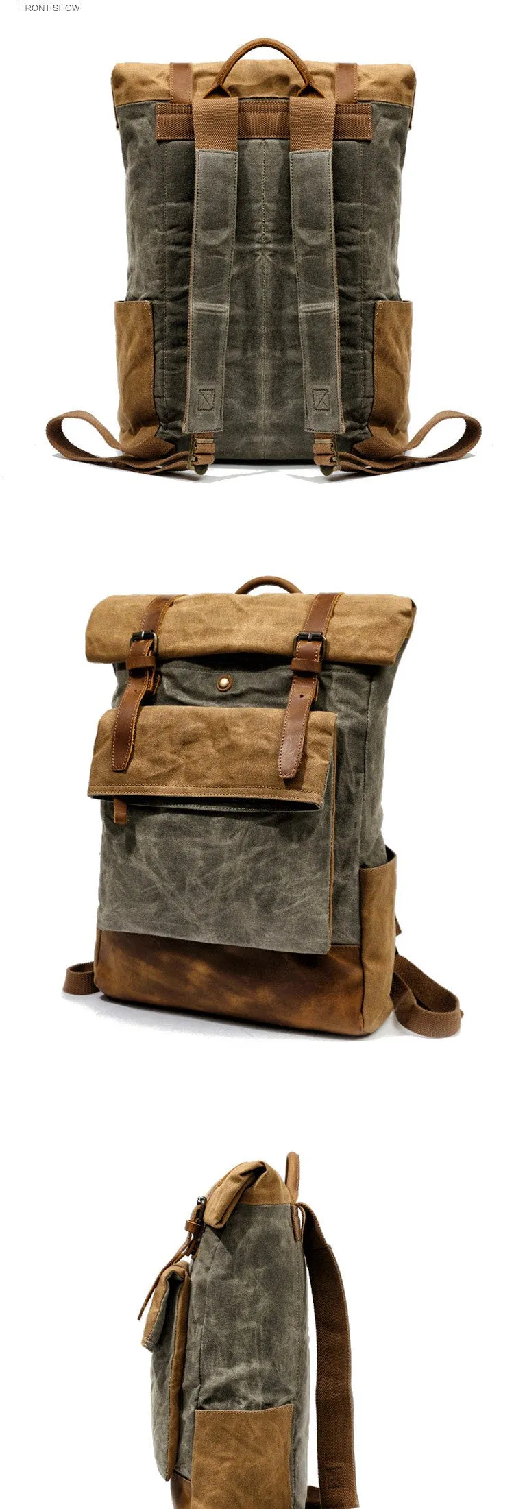 Cool Waxed Canvas Leather Mens Black 15'' Large Waterproof Travel Backpacks Computer Hiking Backpack for Men