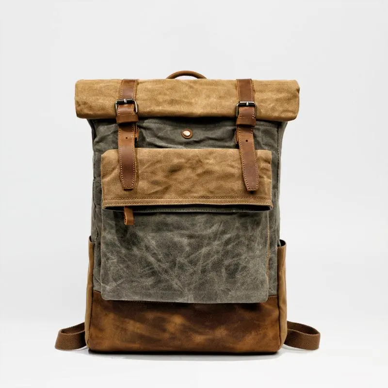 Cool Waxed Canvas Leather Mens Black 15'' Large Waterproof Travel Backpacks Computer Hiking Backpack for Men
