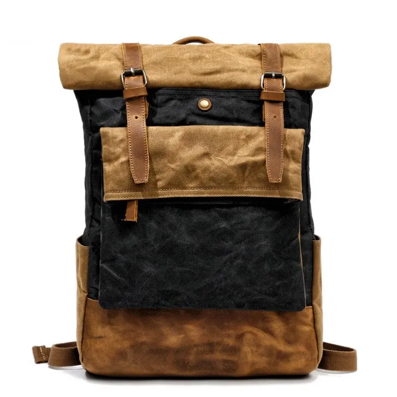 Cool Waxed Canvas Leather Mens Black 15'' Large Waterproof Travel Backpacks Computer Hiking Backpack for Men