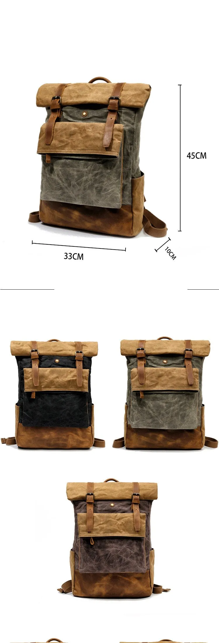 Cool Waxed Canvas Leather Mens Black 15'' Large Waterproof Travel Backpacks Computer Hiking Backpack for Men