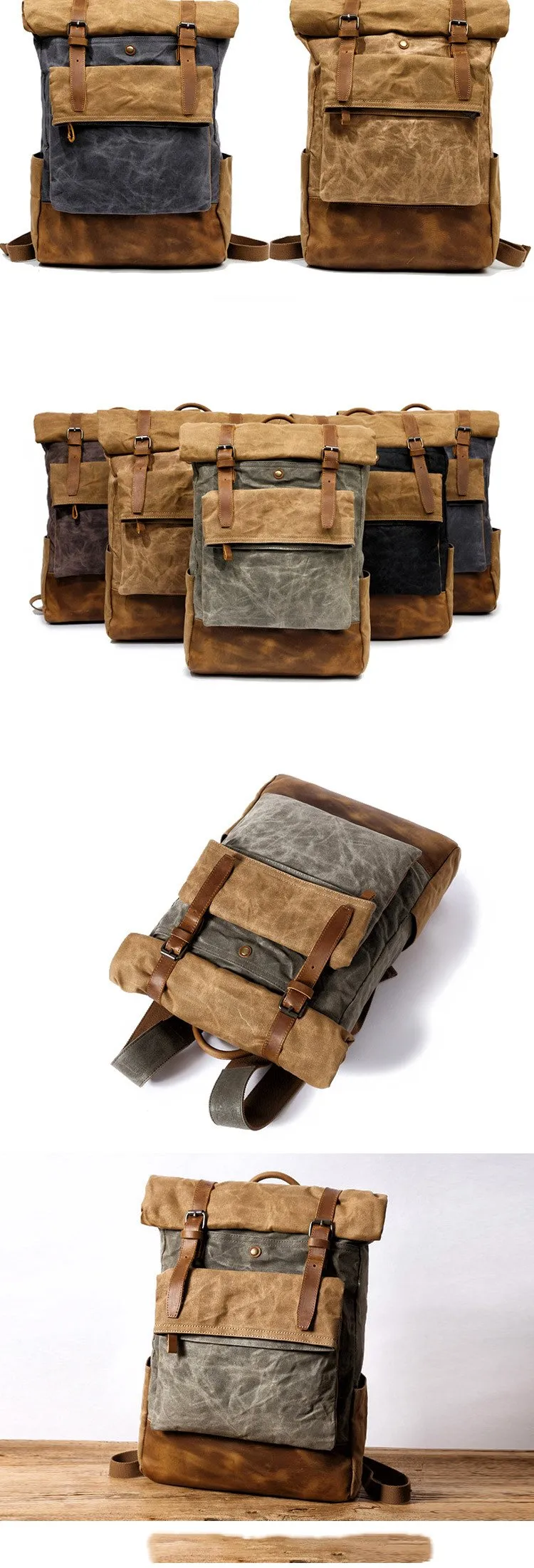 Cool Waxed Canvas Leather Mens Black 15'' Large Waterproof Travel Backpacks Computer Hiking Backpack for Men