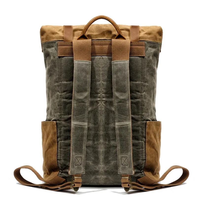 Cool Waxed Canvas Leather Mens Black 15'' Large Waterproof Travel Backpacks Computer Hiking Backpack for Men