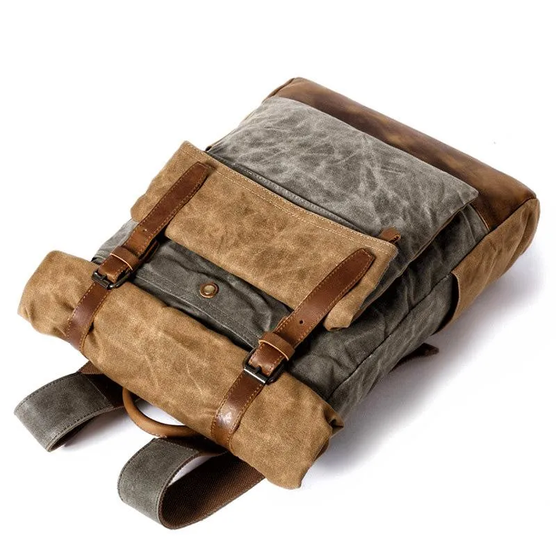 Cool Waxed Canvas Leather Mens Black 15'' Large Waterproof Travel Backpacks Computer Hiking Backpack for Men