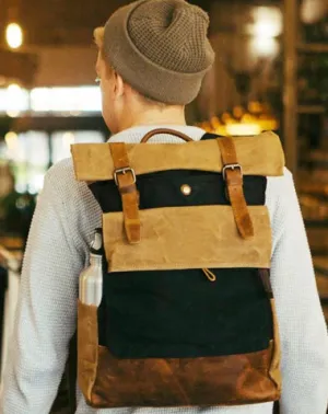 Cool Waxed Canvas Leather Mens Black 15'' Large Waterproof Travel Backpacks Computer Hiking Backpack for Men