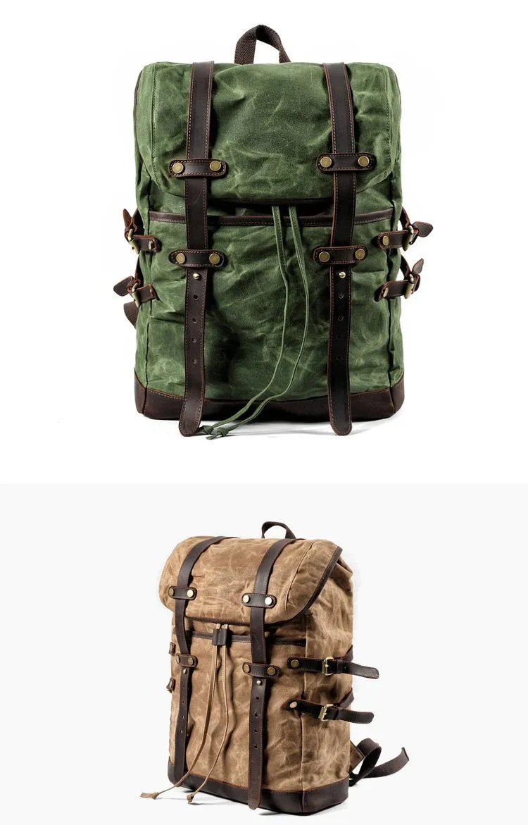Cool Waxed Canvas Leather Mens Black 15.6???? Large Hiking Backpack Green Travel Backpack for Men