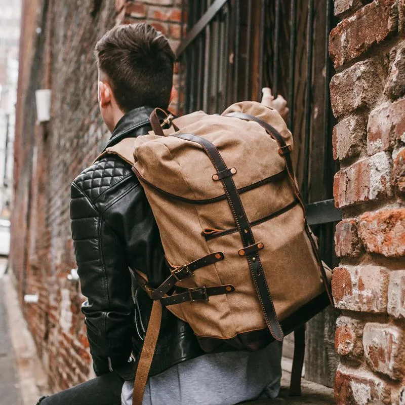 Cool Waxed Canvas Leather Mens Black 15.6???? Large Hiking Backpack Green Travel Backpack for Men