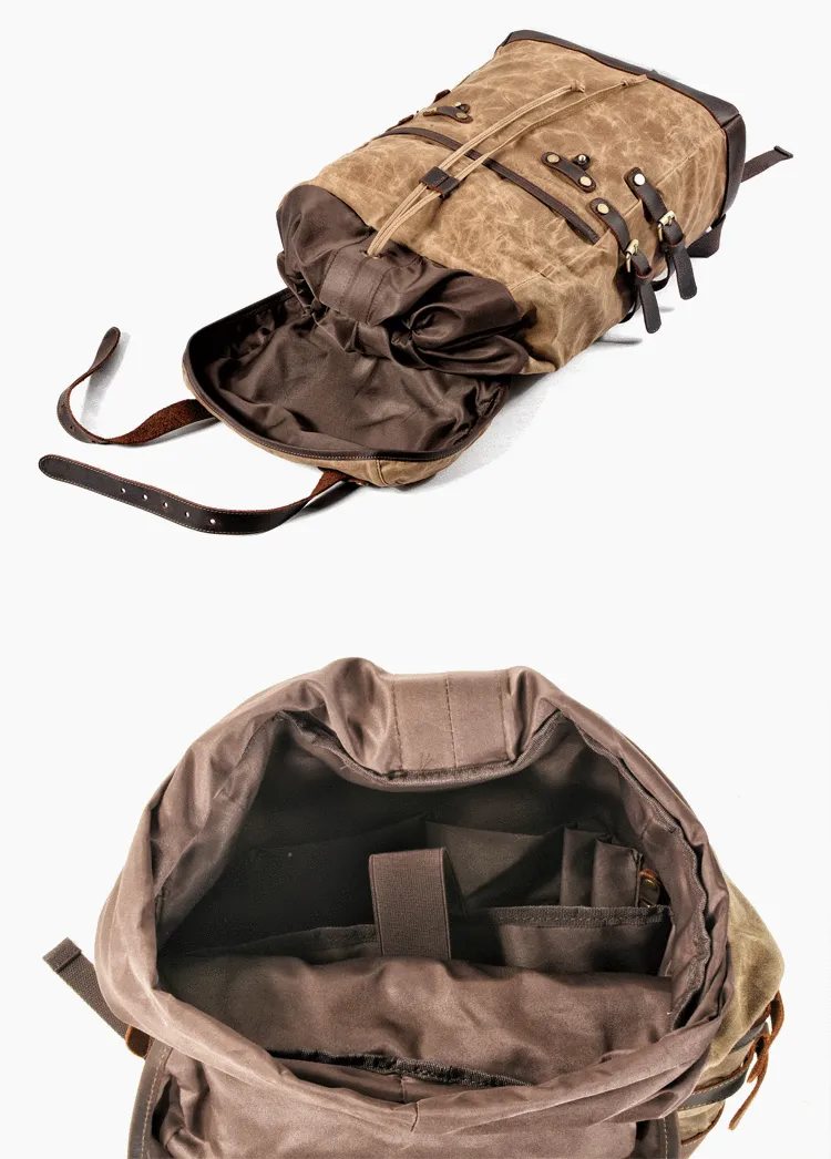 Cool Waxed Canvas Leather Mens Black 15.6???? Large Hiking Backpack Green Travel Backpack for Men
