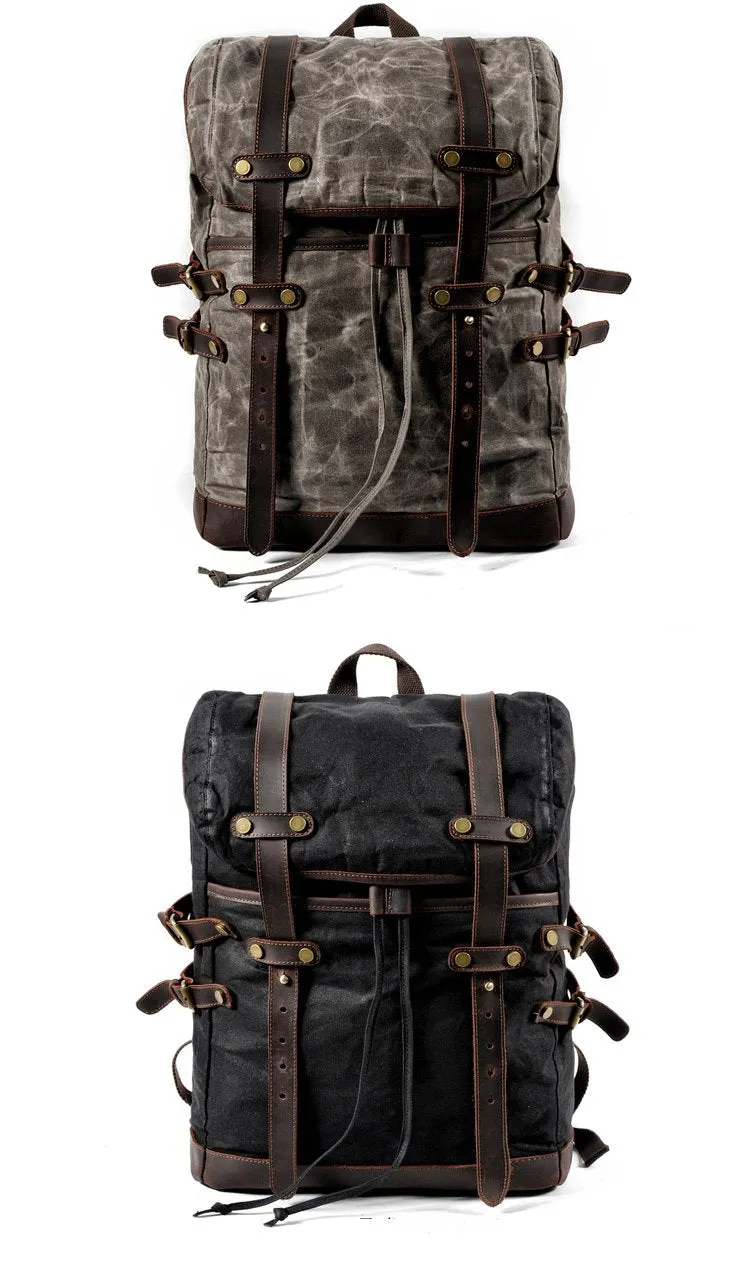 Cool Waxed Canvas Leather Mens Black 15.6???? Large Hiking Backpack Green Travel Backpack for Men