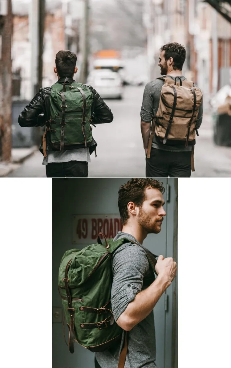 Cool Waxed Canvas Leather Mens Black 15.6???? Large Hiking Backpack Green Travel Backpack for Men