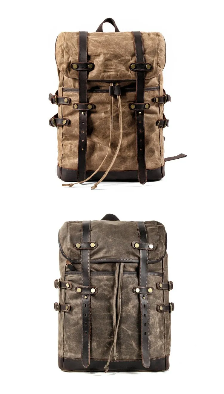 Cool Waxed Canvas Leather Mens Black 15.6???? Large Hiking Backpack Green Travel Backpack for Men