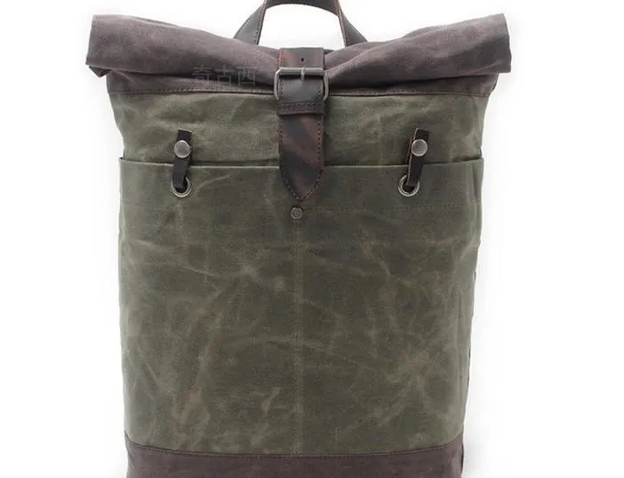 Cool Waxed Canvas Leather Mens Hiking Backpacks Canvas LaptopBackpack Canvas School Backpack for Men