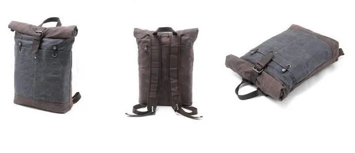 Cool Waxed Canvas Leather Mens Hiking Backpacks Canvas LaptopBackpack Canvas School Backpack for Men