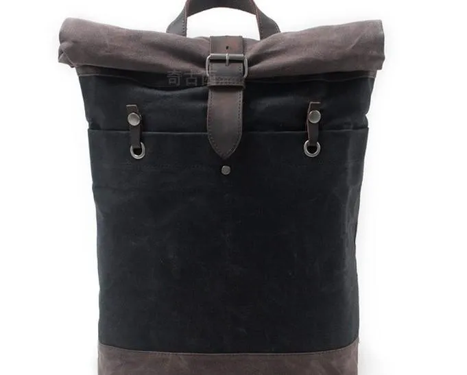 Cool Waxed Canvas Leather Mens Hiking Backpacks Canvas LaptopBackpack Canvas School Backpack for Men
