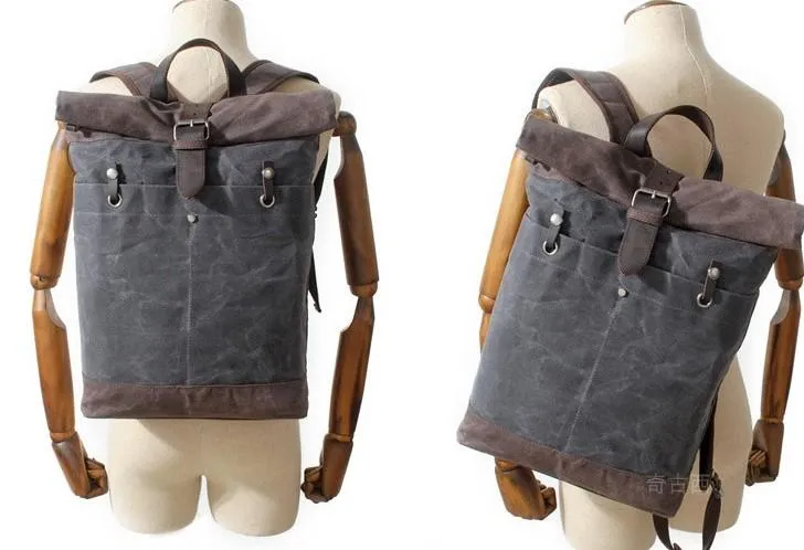 Cool Waxed Canvas Leather Mens Hiking Backpacks Canvas LaptopBackpack Canvas School Backpack for Men