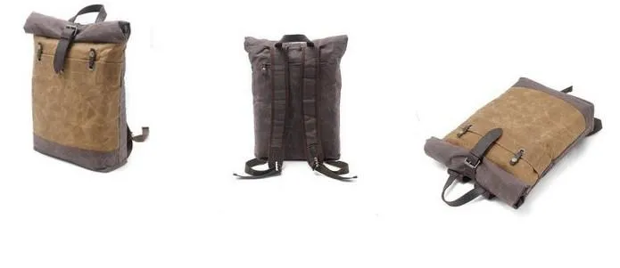 Cool Waxed Canvas Leather Mens Hiking Backpacks Canvas LaptopBackpack Canvas School Backpack for Men