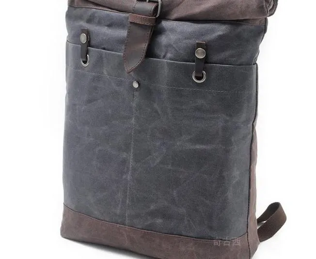 Cool Waxed Canvas Leather Mens Hiking Backpacks Canvas LaptopBackpack Canvas School Backpack for Men