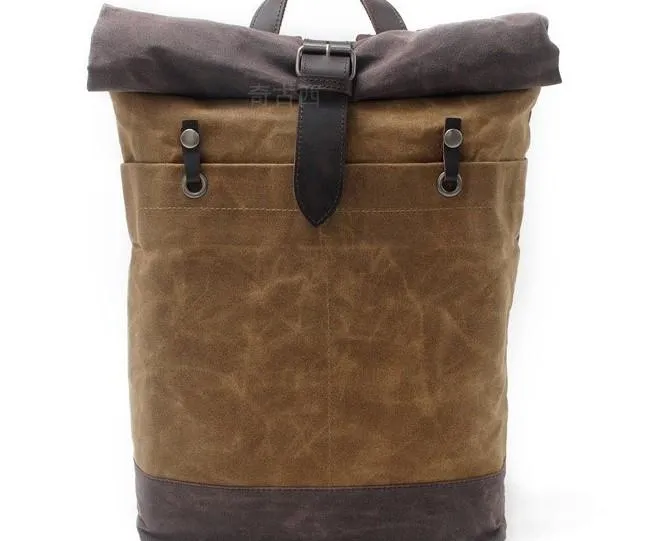 Cool Waxed Canvas Leather Mens Hiking Backpacks Canvas LaptopBackpack Canvas School Backpack for Men