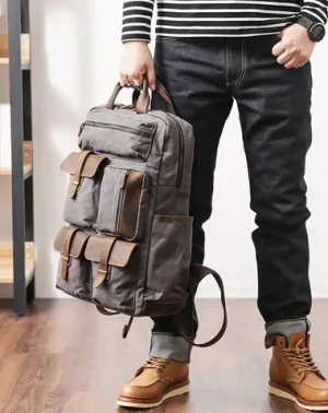 Cool Waxed Canvas Leather Mens Waterproof 15'' Backpack Gray Travel Backpack Hiking Backpack for Men