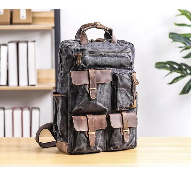Cool Waxed Canvas Leather Mens Waterproof 15'' Backpack Gray Travel Backpack Hiking Backpack for Men