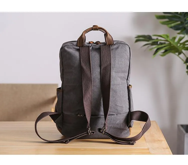 Cool Waxed Canvas Leather Mens Waterproof 15'' Backpack Gray Travel Backpack Hiking Backpack for Men
