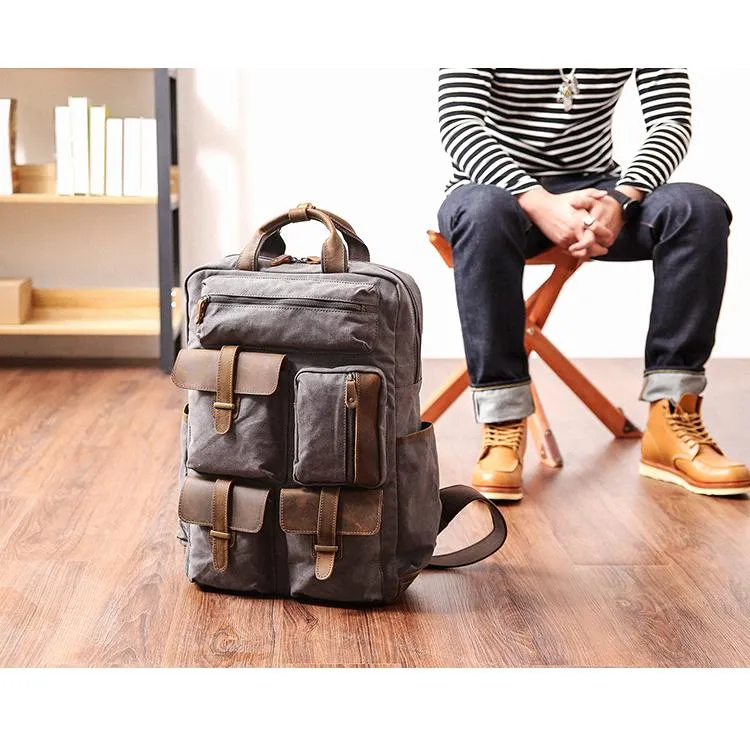 Cool Waxed Canvas Leather Mens Waterproof 15'' Backpack Gray Travel Backpack Hiking Backpack for Men