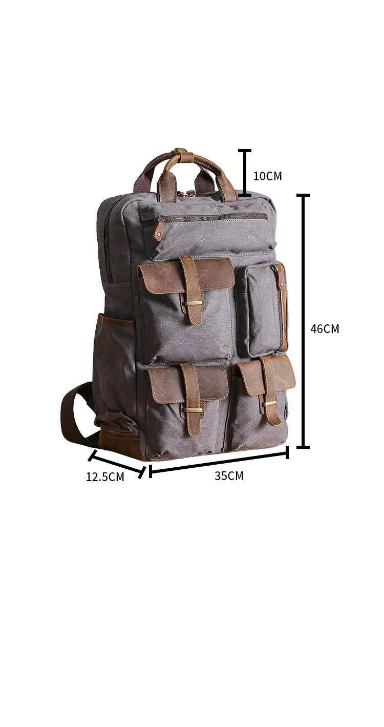 Cool Waxed Canvas Leather Mens Waterproof 15'' Backpack Gray Travel Backpack Hiking Backpack for Men