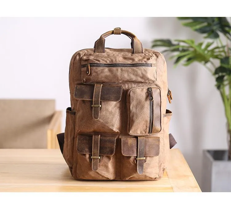 Cool Waxed Canvas Leather Mens Waterproof 15'' Backpack Gray Travel Backpack Hiking Backpack for Men