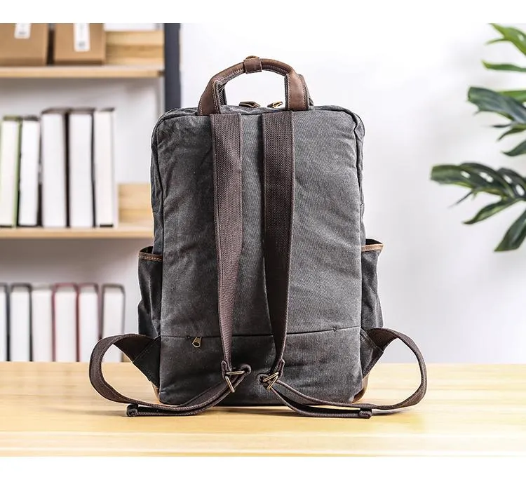 Cool Waxed Canvas Leather Mens Waterproof 15'' Backpack Gray Travel Backpack Hiking Backpack for Men