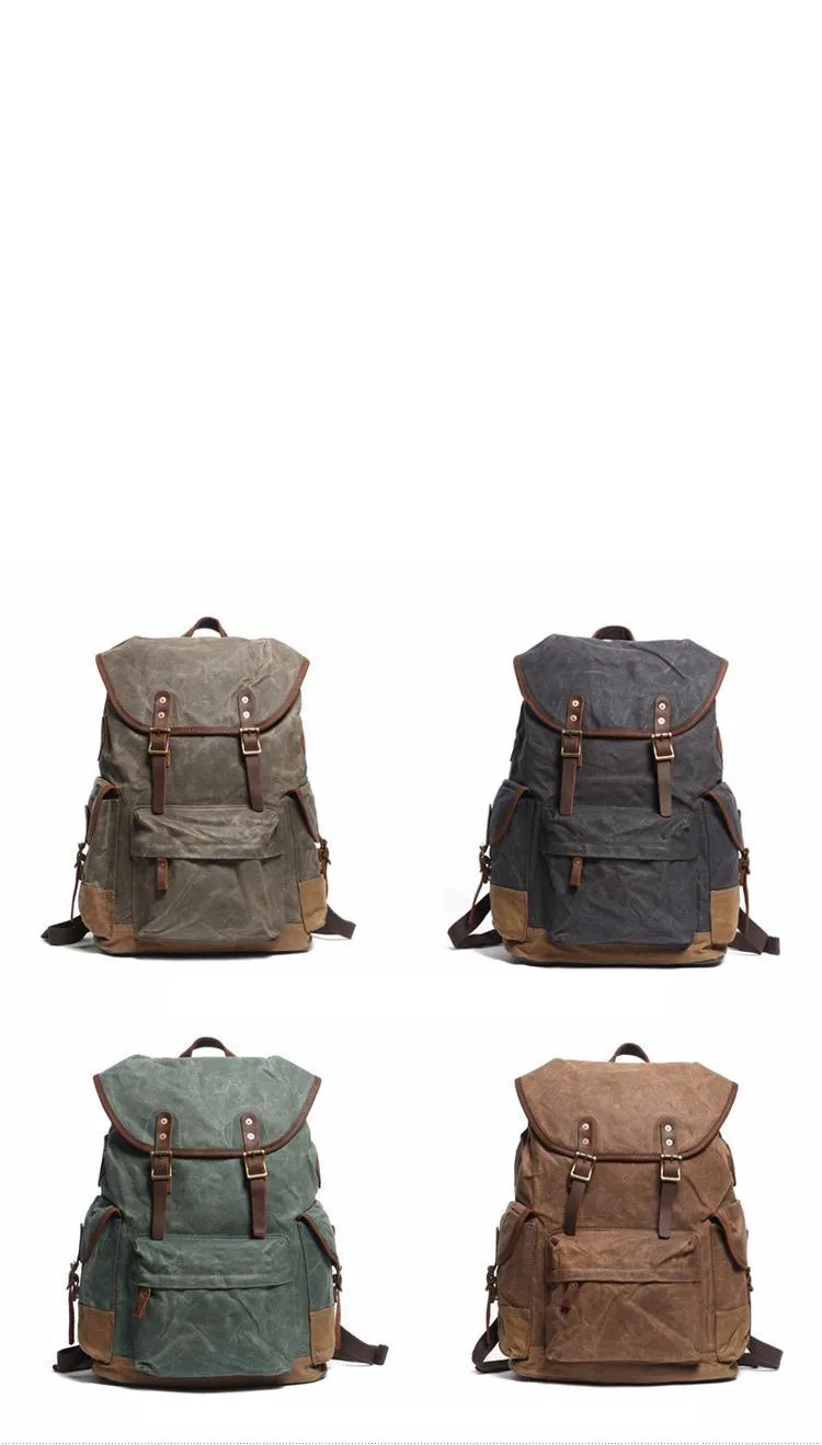 Cool Waxed Canvas Mens Casual 14'' Green Hiking Backpack Black Computer Backpack Travel Backpack College Bag for Men