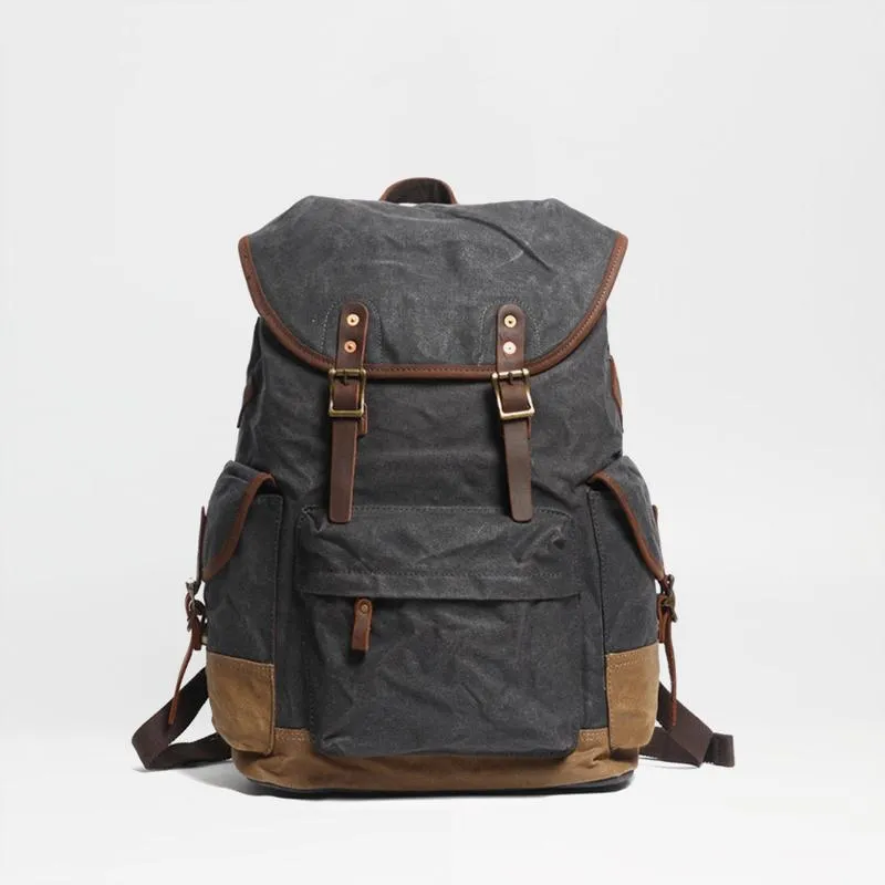 Cool Waxed Canvas Mens Casual 14'' Green Hiking Backpack Black Computer Backpack Travel Backpack College Bag for Men