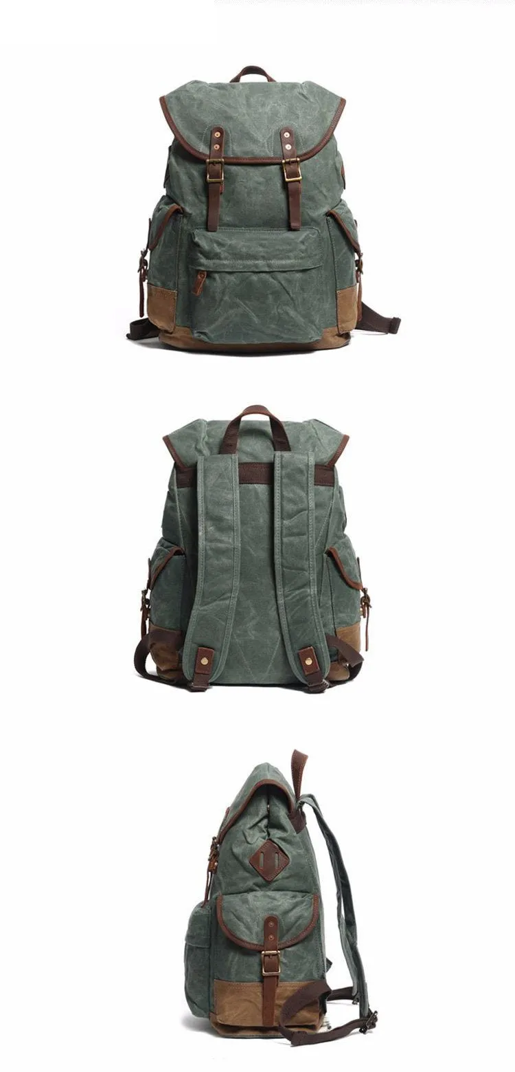 Cool Waxed Canvas Mens Casual 14'' Green Hiking Backpack Black Computer Backpack Travel Backpack College Bag for Men