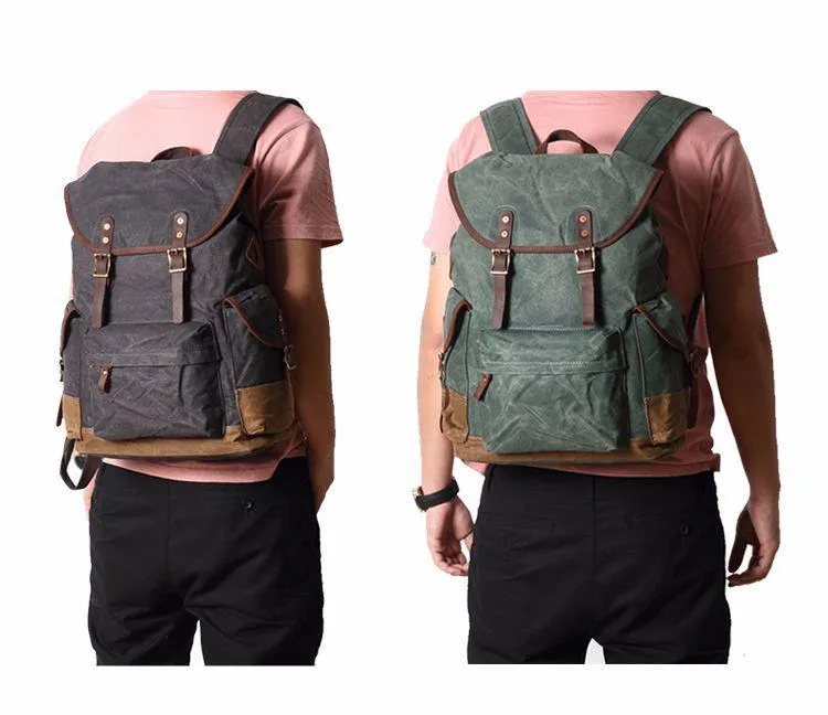Cool Waxed Canvas Mens Casual 14'' Green Hiking Backpack Black Computer Backpack Travel Backpack College Bag for Men