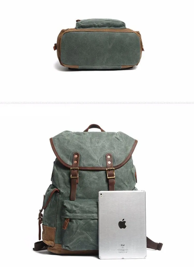 Cool Waxed Canvas Mens Casual 14'' Green Hiking Backpack Black Computer Backpack Travel Backpack College Bag for Men