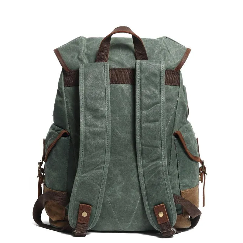 Cool Waxed Canvas Mens Casual 14'' Green Hiking Backpack Black Computer Backpack Travel Backpack College Bag for Men