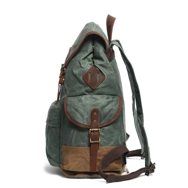 Cool Waxed Canvas Mens Casual 14'' Green Hiking Backpack Black Computer Backpack Travel Backpack College Bag for Men