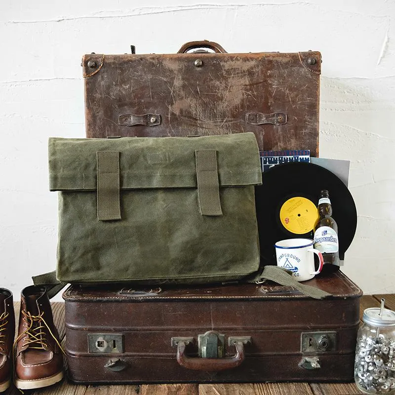 Cool Waxed Canvas Mens Green Military Courier Bag Postman Bag Backpack Large Side Bag For Men