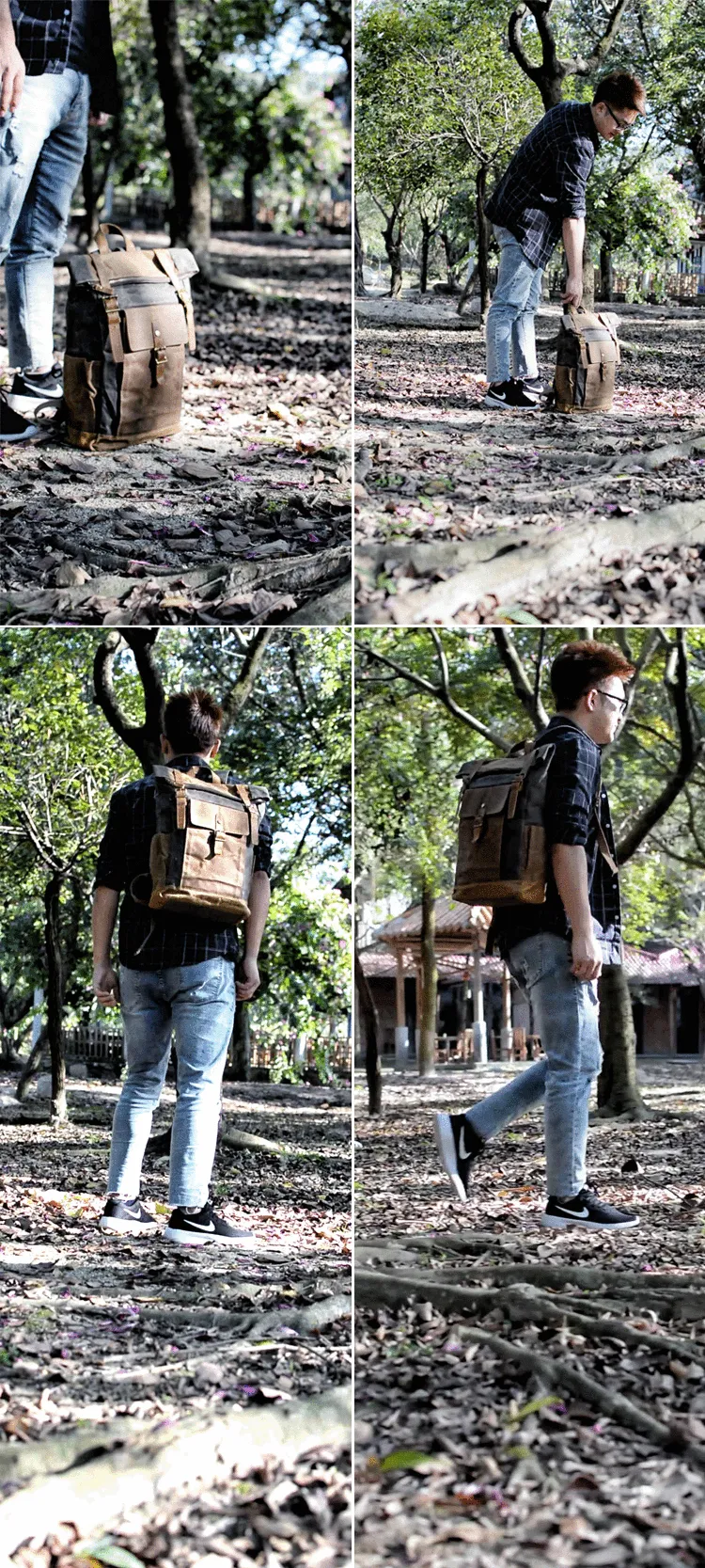 Cool Waxed Canvas Mens Waterproof Green Travel Backpack 15'' Gray Computer Backpack Hiking Backpack for Men