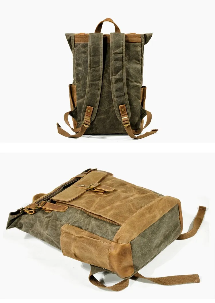Cool Waxed Canvas Mens Waterproof Green Travel Backpack 15'' Gray Computer Backpack Hiking Backpack for Men