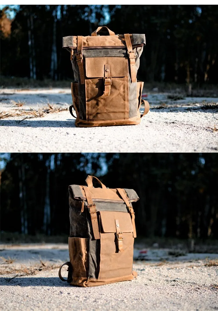 Cool Waxed Canvas Mens Waterproof Green Travel Backpack 15'' Gray Computer Backpack Hiking Backpack for Men