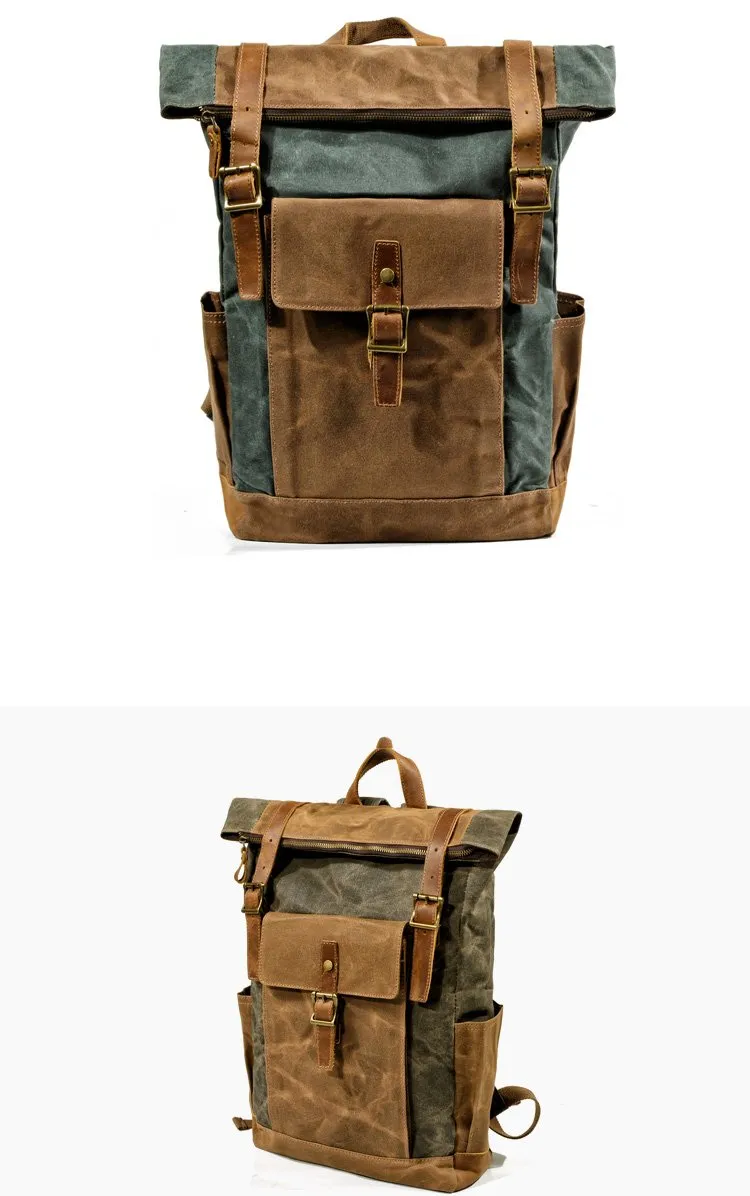 Cool Waxed Canvas Mens Waterproof Green Travel Backpack 15'' Gray Computer Backpack Hiking Backpack for Men