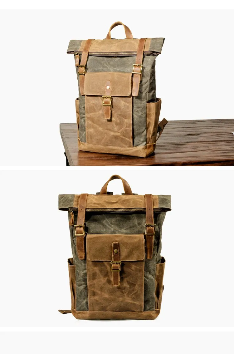 Cool Waxed Canvas Mens Waterproof Green Travel Backpack 15'' Gray Computer Backpack Hiking Backpack for Men