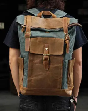 Cool Waxed Canvas Mens Waterproof Green Travel Backpack 15'' Gray Computer Backpack Hiking Backpack for Men