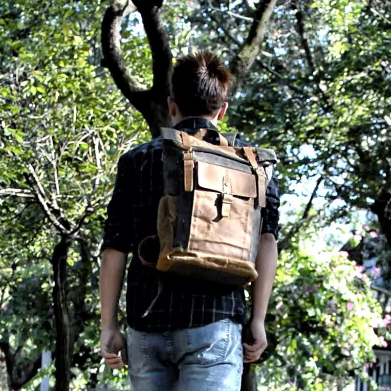 Cool Waxed Canvas Mens Waterproof Green Travel Backpack 15'' Gray Computer Backpack Hiking Backpack for Men