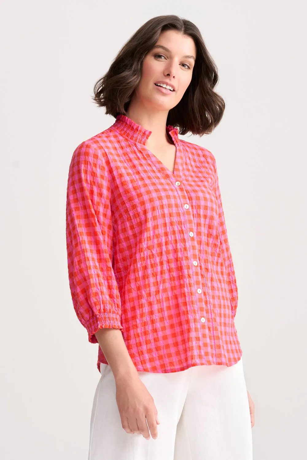 Cotton Crinkle Shirt - Pink & Orange Gingham