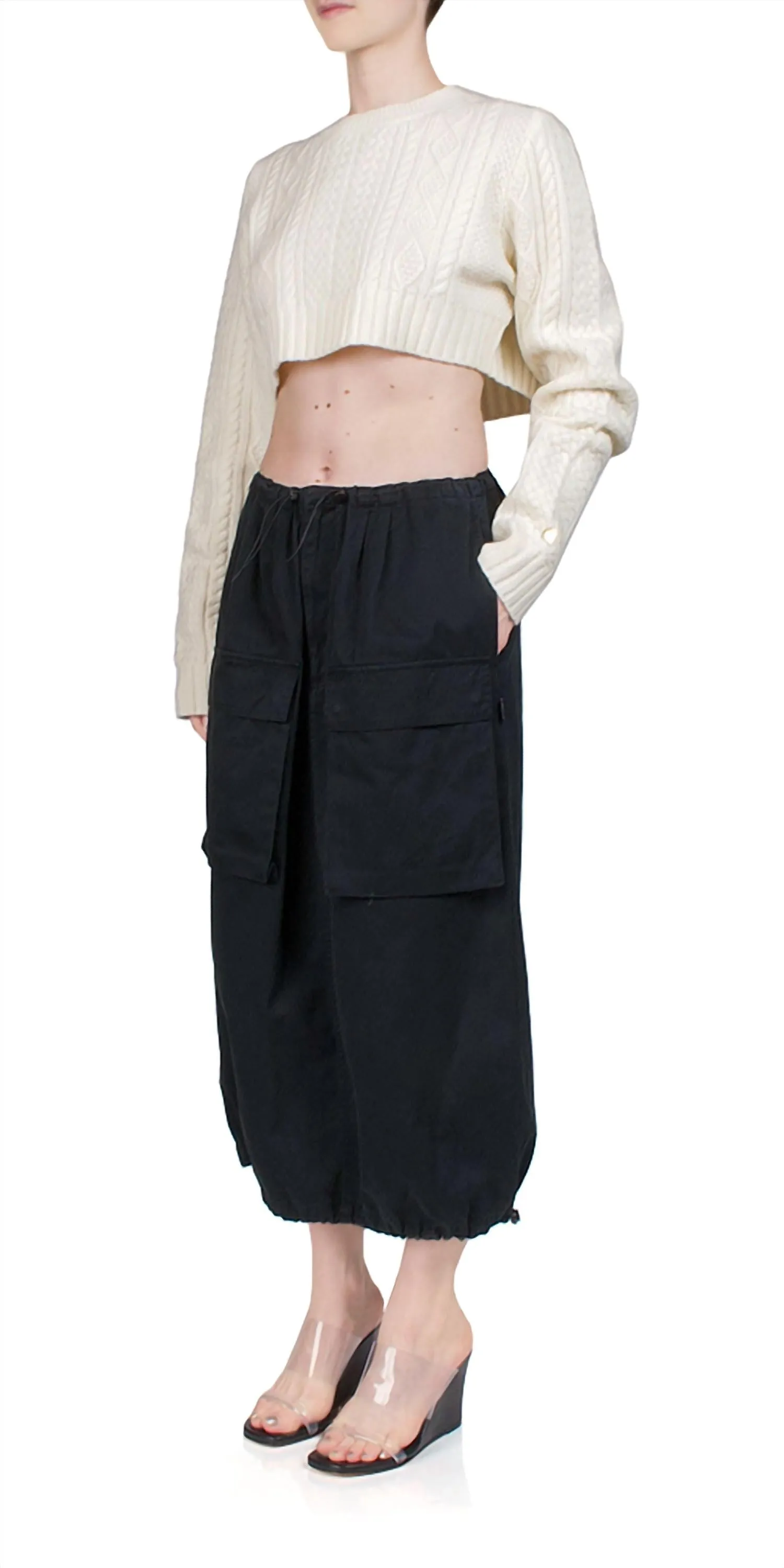 Cotton Gabardine Midi Skirt In Black